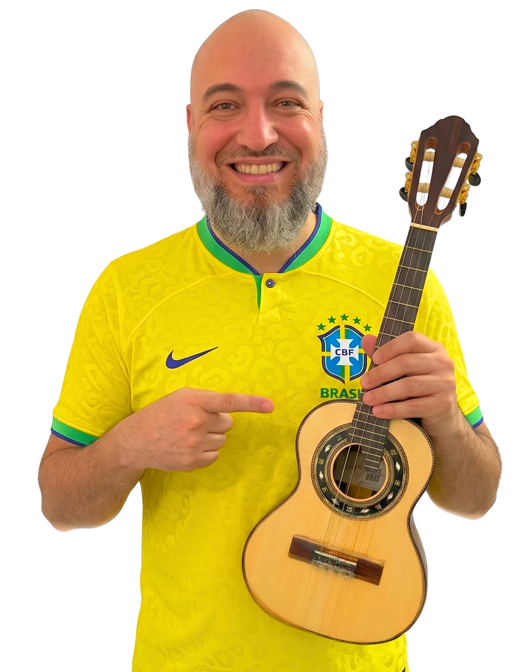 Rafael Ferrari com cavaquinho e camisa da seleção